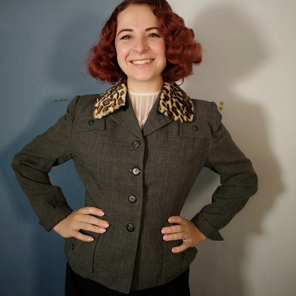 1940s Vintage Leopard Print Faux Fur Collar Suit Jacket Blazer Dark Gray Ladies - Picture 1 of 8